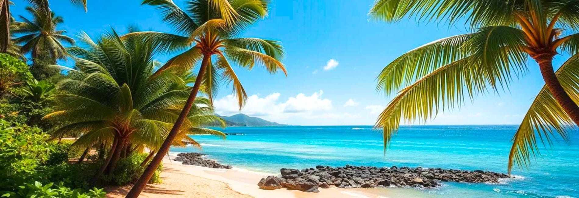 Tropical beach in Molokai, Hawaii with swaying palm trees, golden sand, black volcanic rocks along the shore, crystal clear turquoise water, and distant mountain views