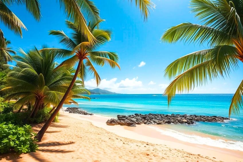 Scenic beach paradise in Molokai, Hawaii featuring lush palm trees framing the view, golden sandy shore, volcanic lava rocks, vibrant turquoise Pacific Ocean, and blue sky